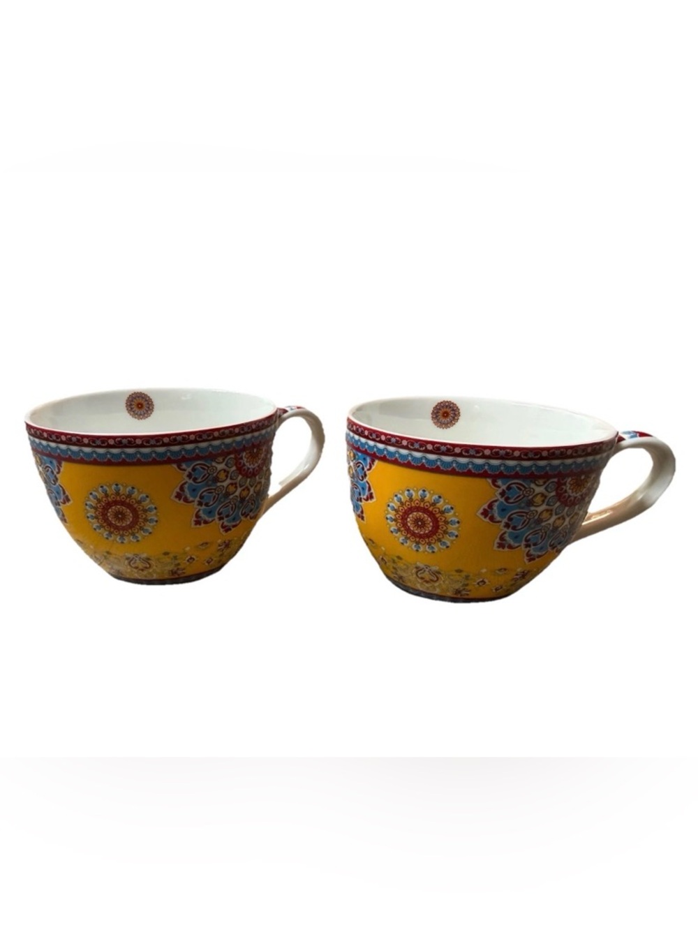 Easy Life Bohemian Dora Papis Set of 2 Cups Yellow Mandala Boho Porcelain